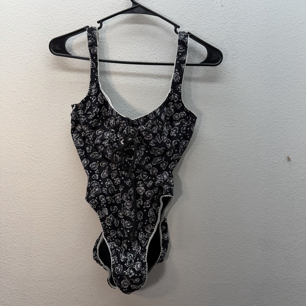 Black Floral Tie-Front One-Piece Swimsuit